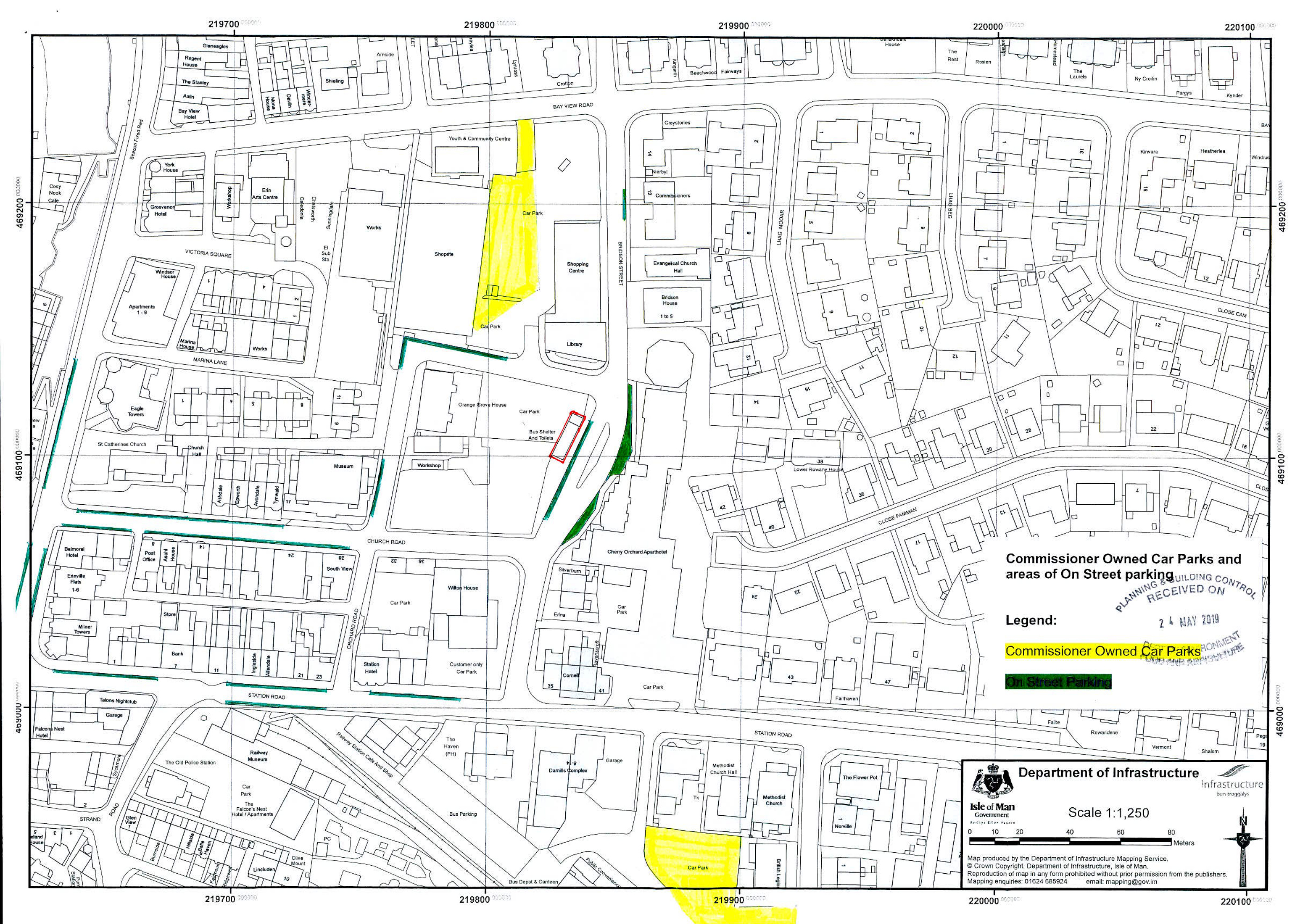 A site map from the Isle of Man Department of Infrastructure highlighting Commissioner owned car parks in yellow and on-street parking areas in green.