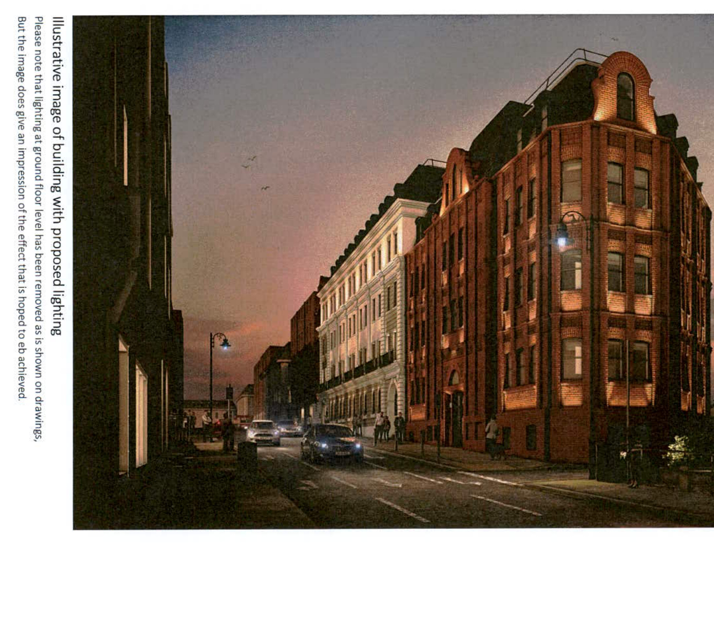 An illustrative image showing a street scene with a red brick building illuminated by proposed lighting at dusk.