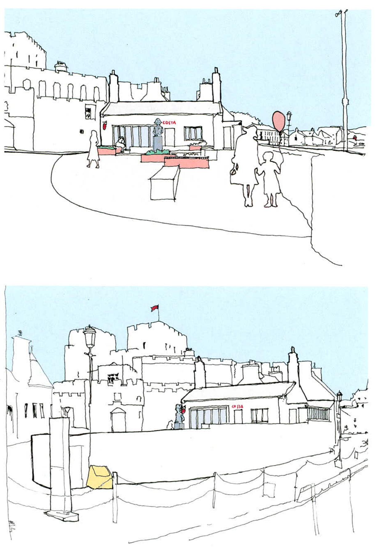 Two perspective sketches illustrating a street scene with a Costa coffee shop and Peel Castle in the background, depicting the proposed location for a statue.