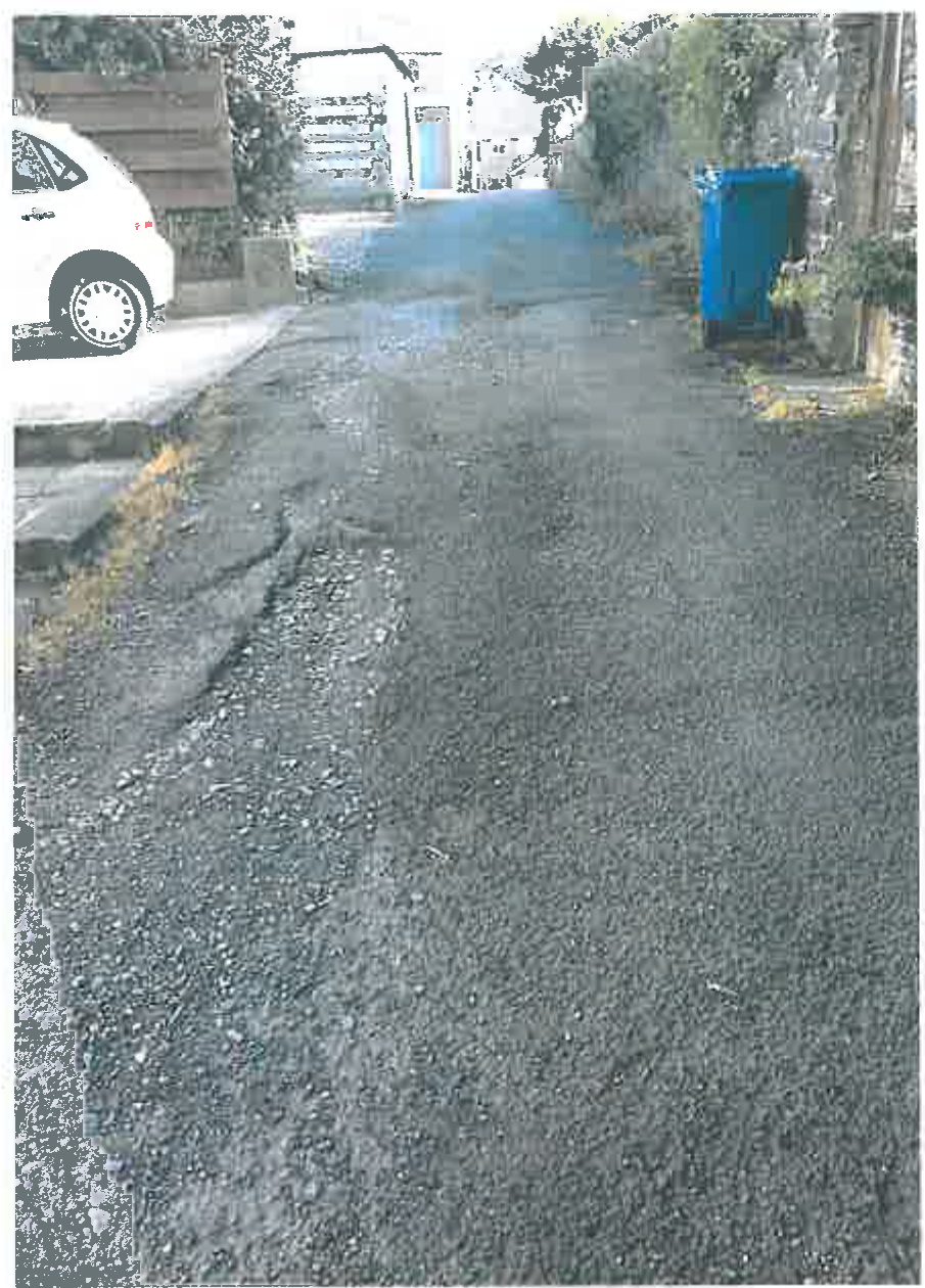 A grainy photograph showing a paved driveway or access lane leading towards a property, with a white car and blue bin visible in the background.