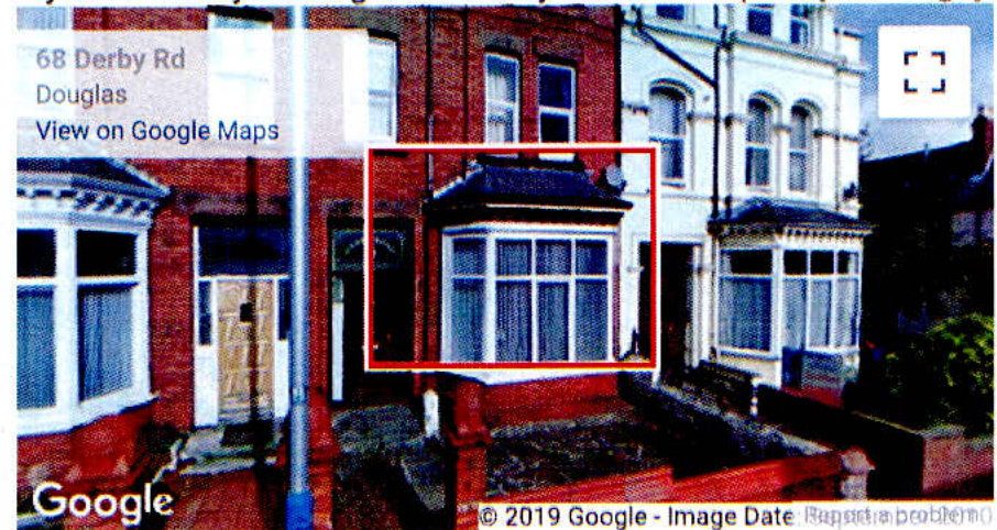 A Google Maps Street View screenshot displaying a red brick terraced house at 68 Derby Rd, with a red box highlighting a bay window on the front elevation.
