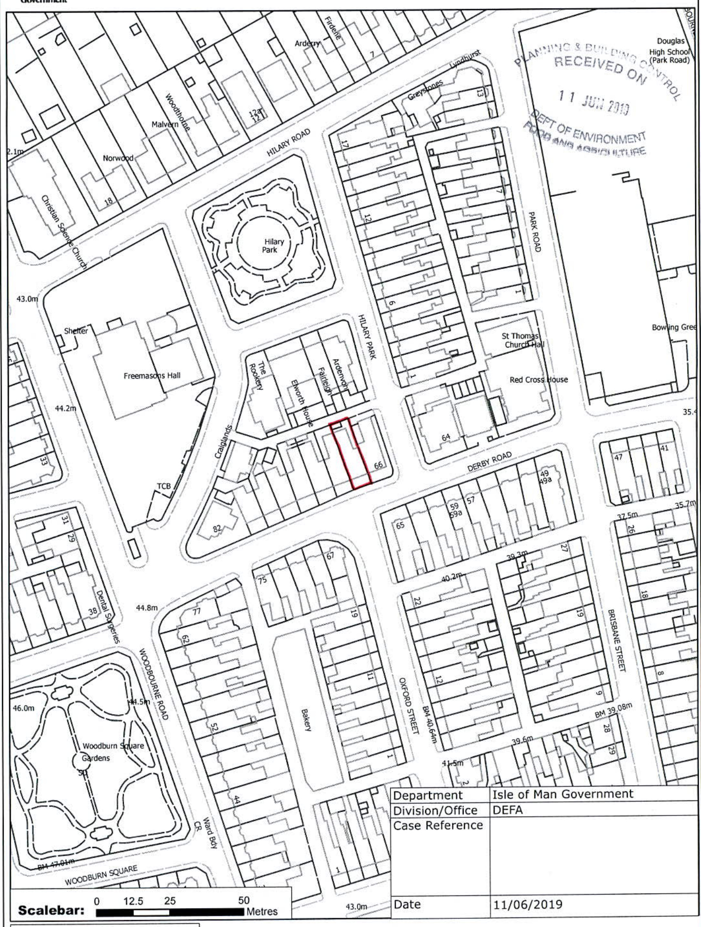 A black and white site plan map showing the location of a property highlighted in red within a residential area, including surrounding streets and building footprints.