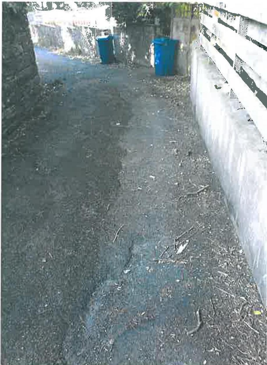 A low-resolution photograph showing a narrow paved access way or driveway with blue waste bins in the background and stone walls on either side.