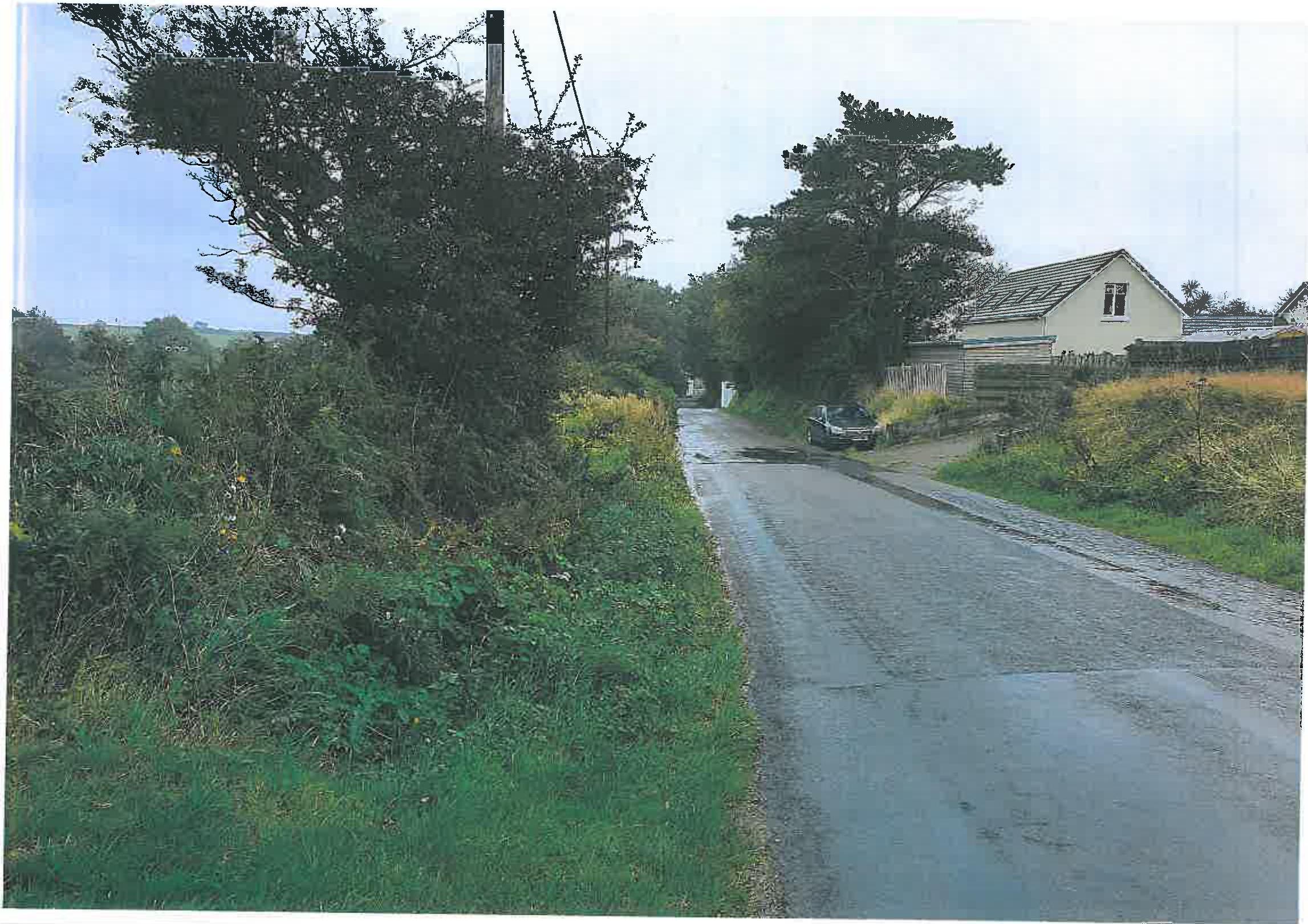 A photograph showing a rural road with a house on the right and dense vegetation on the left, depicting the existing site context.