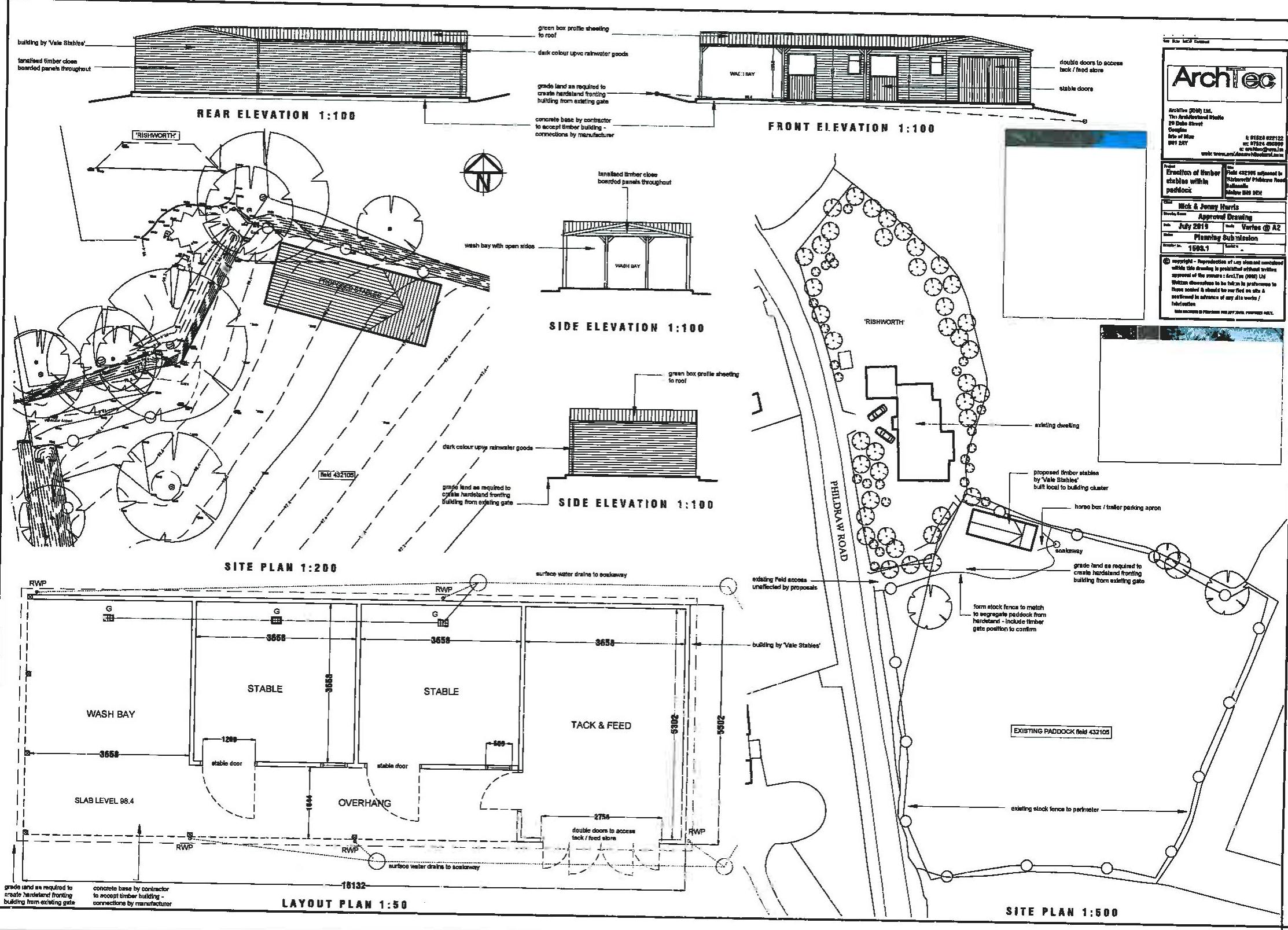 This image displays a composite architectural drawing sheet for a stable erection project, featuring elevations and site plans.