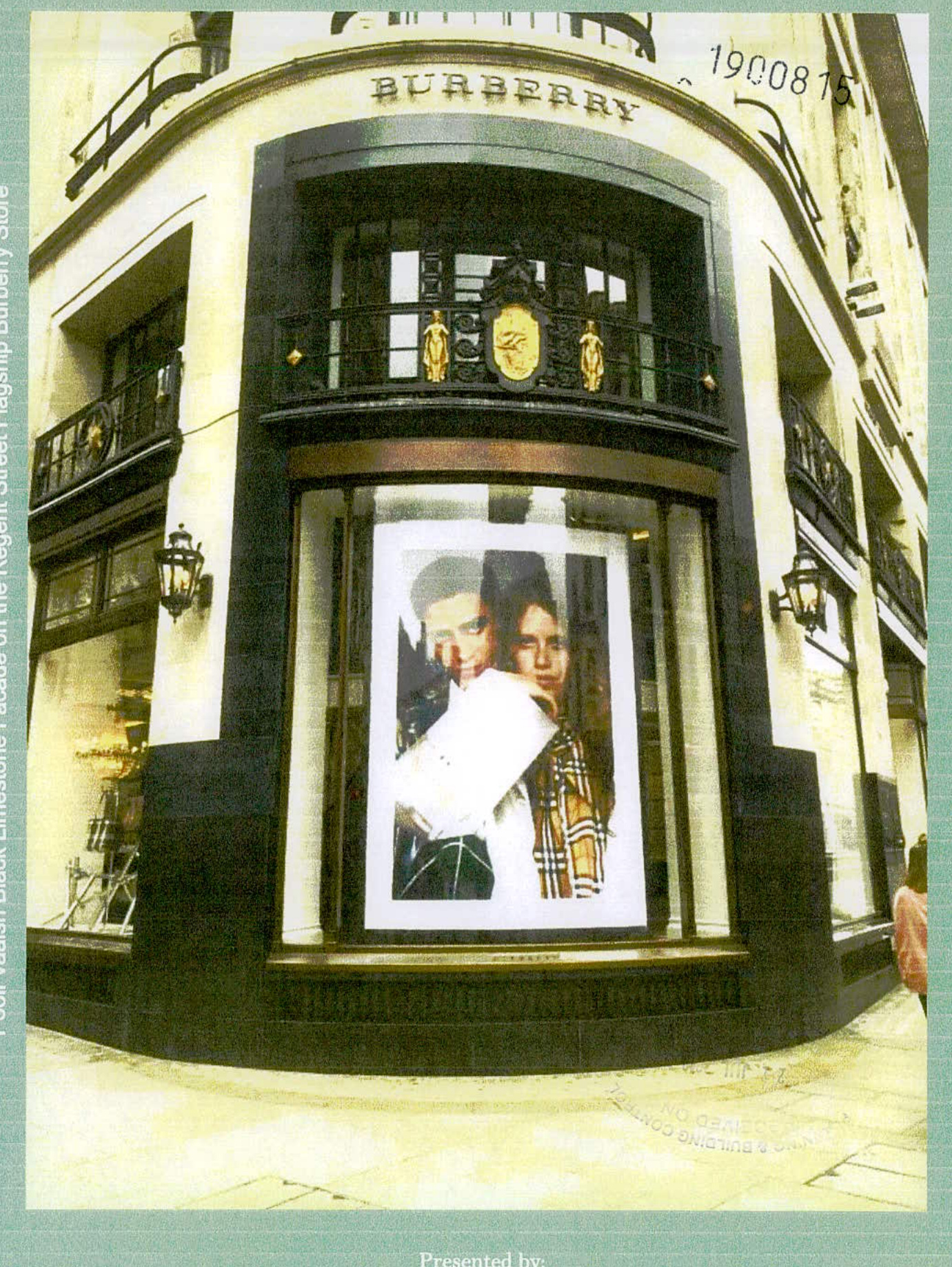 A photograph of a commercial building corner facade featuring black cladding and a Burberry sign, stamped with the application number.