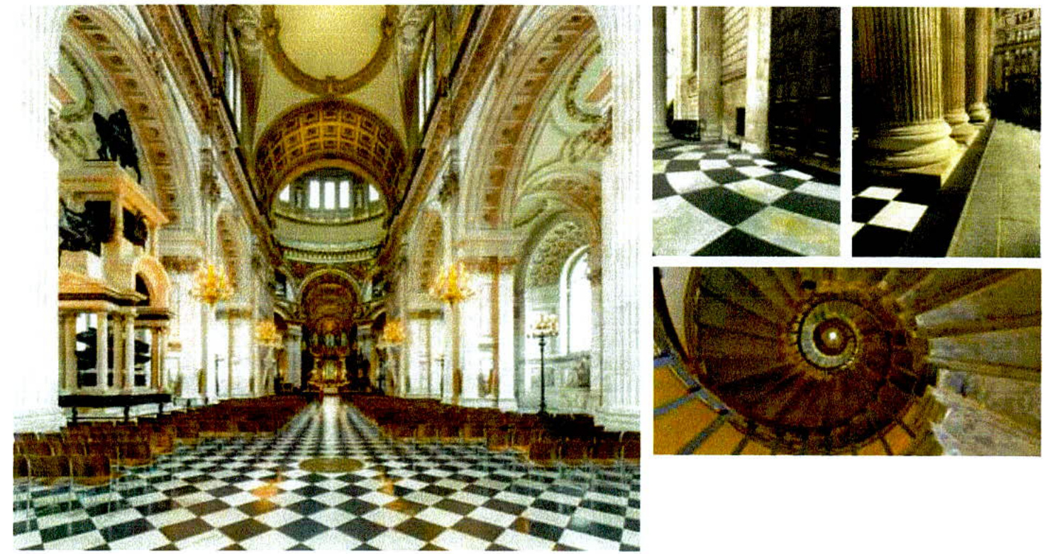A collage of images showing the ornate interior of a grand building with checkered flooring, classical columns, and a spiral staircase.