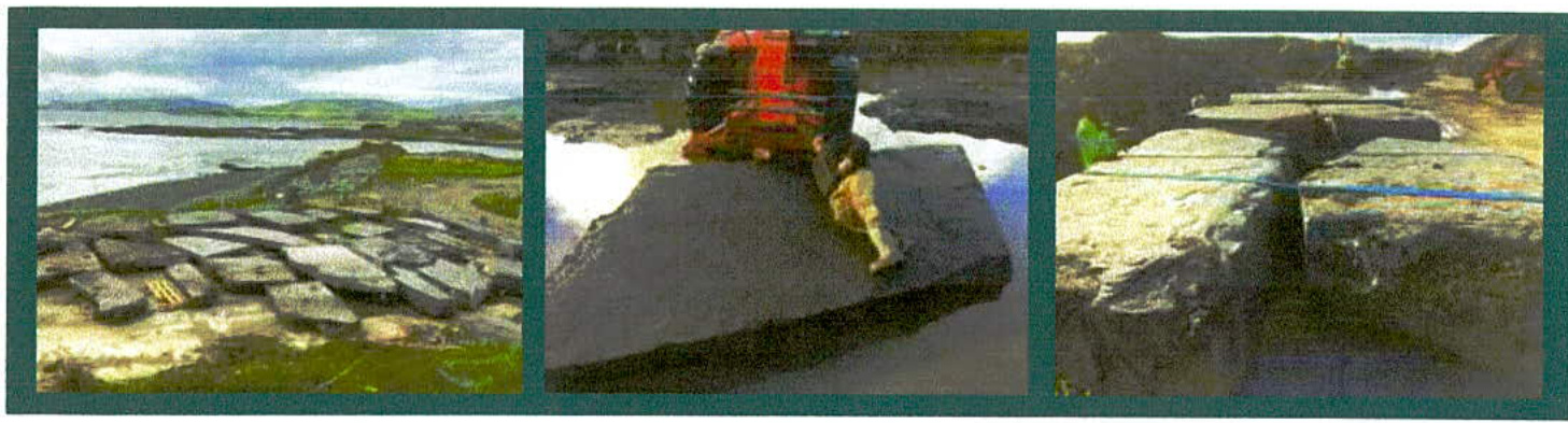 A triptych of photographs showing a coastal foreshore, heavy machinery lifting a large stone slab, and a stone wall structure.