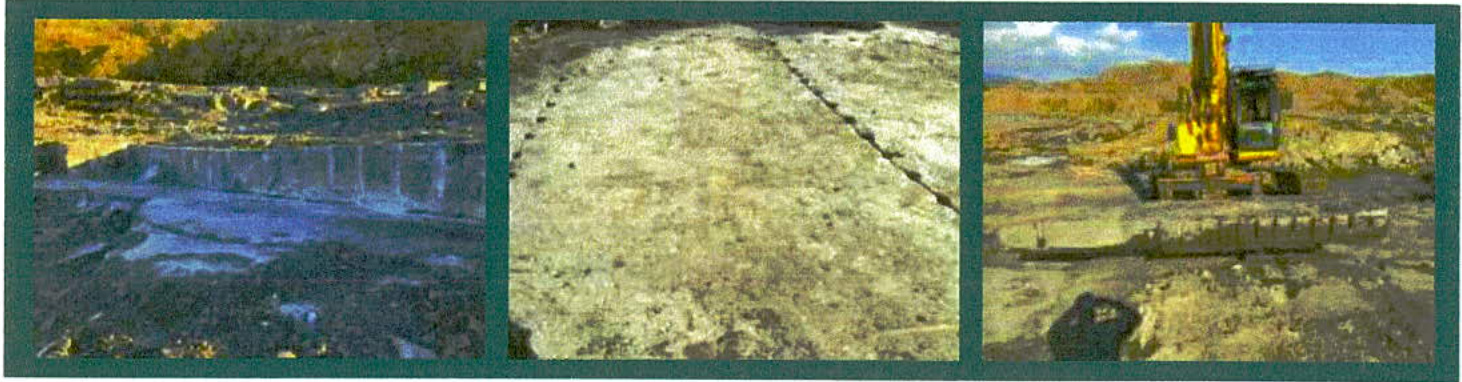A triptych of photographs showing an excavated earth section, a cracked concrete surface, and a yellow excavator operating on rocky terrain.