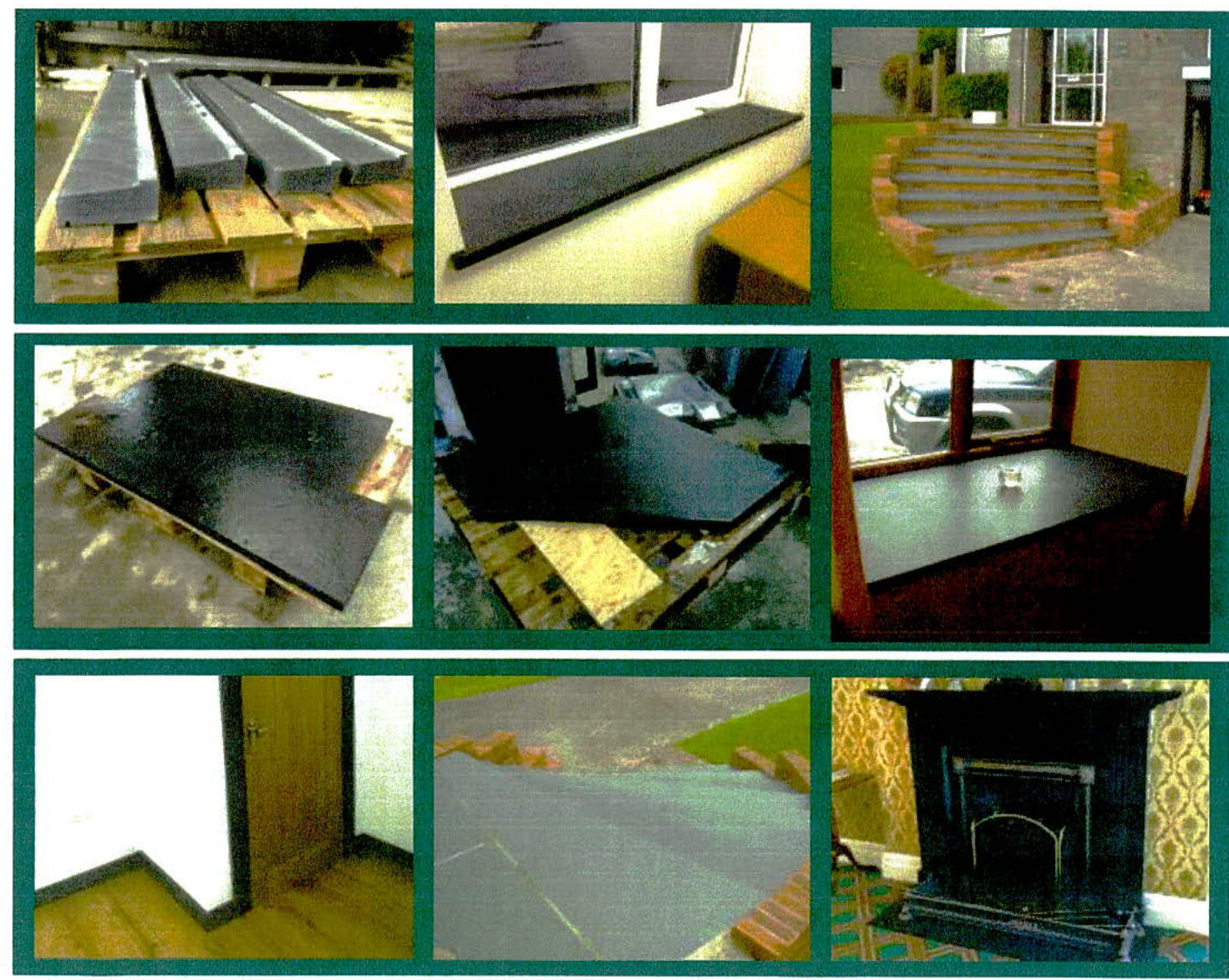 A collage of nine photographs showing construction materials like slate cladding on pallets, exterior steps with brick retaining walls, and interior features such as a fireplace.