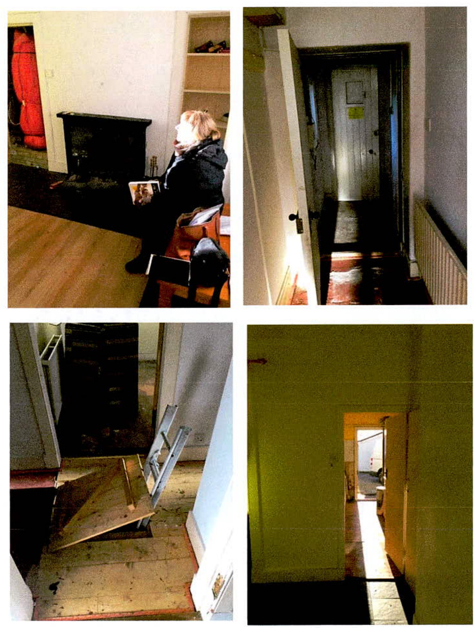 A collage of four interior photographs documenting a building renovation, showing a living room with a fireplace, a hallway, and a staircase under construction.