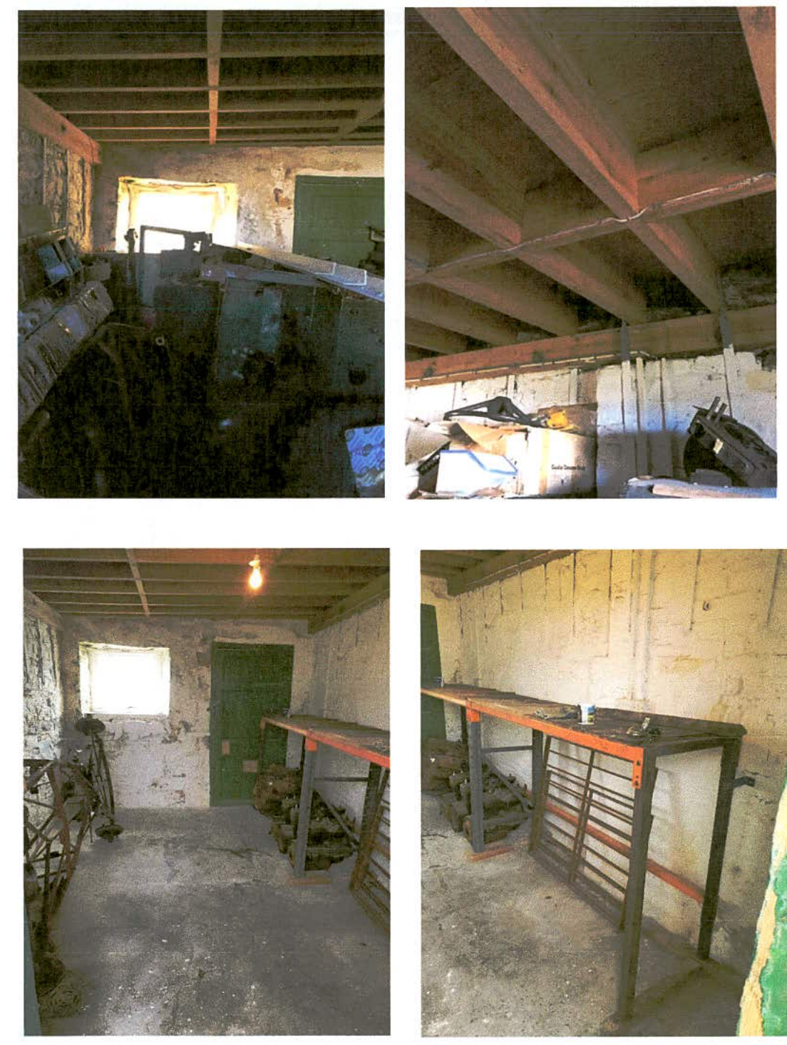 A collage of four interior photographs showing exposed wooden ceiling beams, rough stone walls, and workbenches, documenting the existing condition of a building.