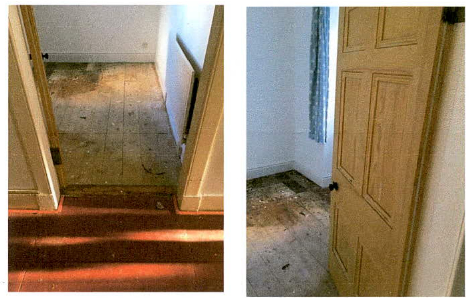 Two side-by-side interior photographs showing worn wooden floorboards, doorways, and walls, documenting the existing condition of a property prior to refurbishment.