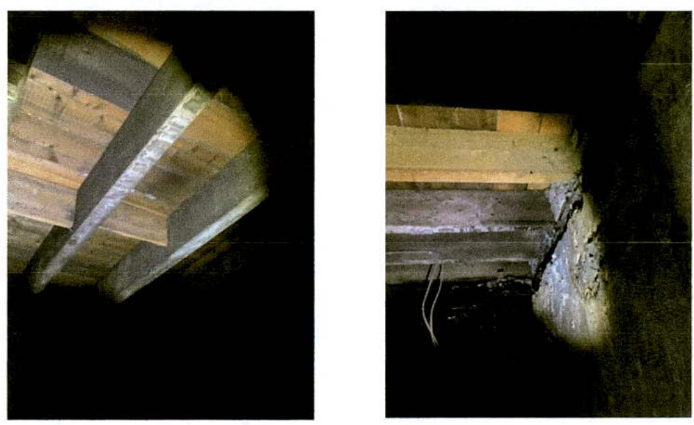 Two side-by-side photographs showing close-up views of timber roof beams and ceiling joists within a building interior.