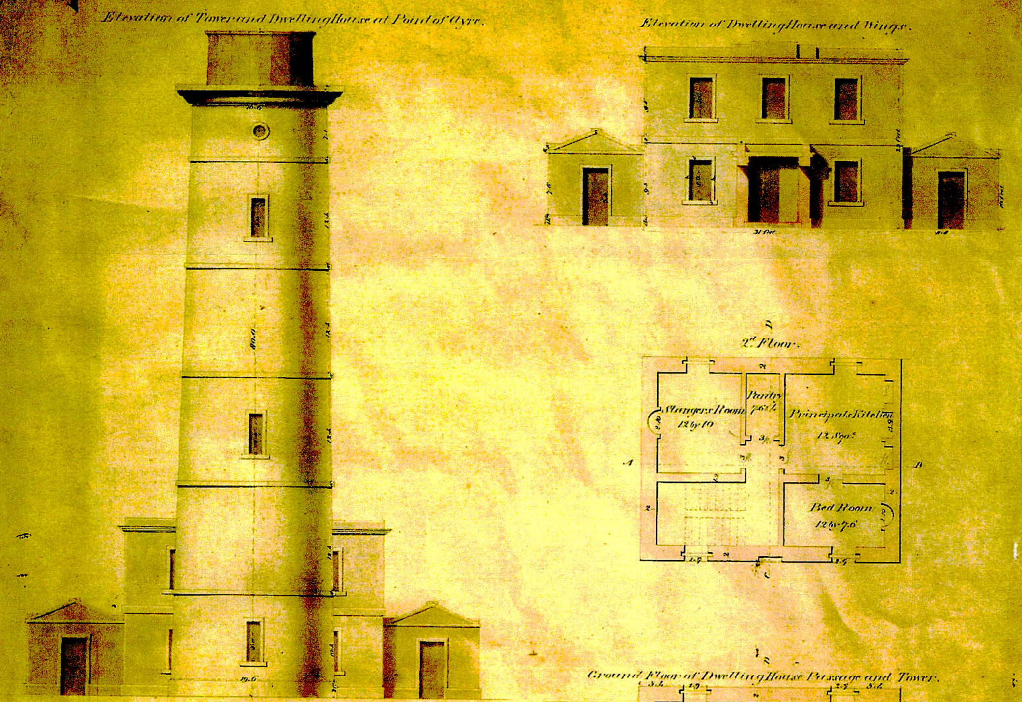 A historical architectural drawing showing elevations and floor plans of a tower and dwellinghouse at Point of Ayre.