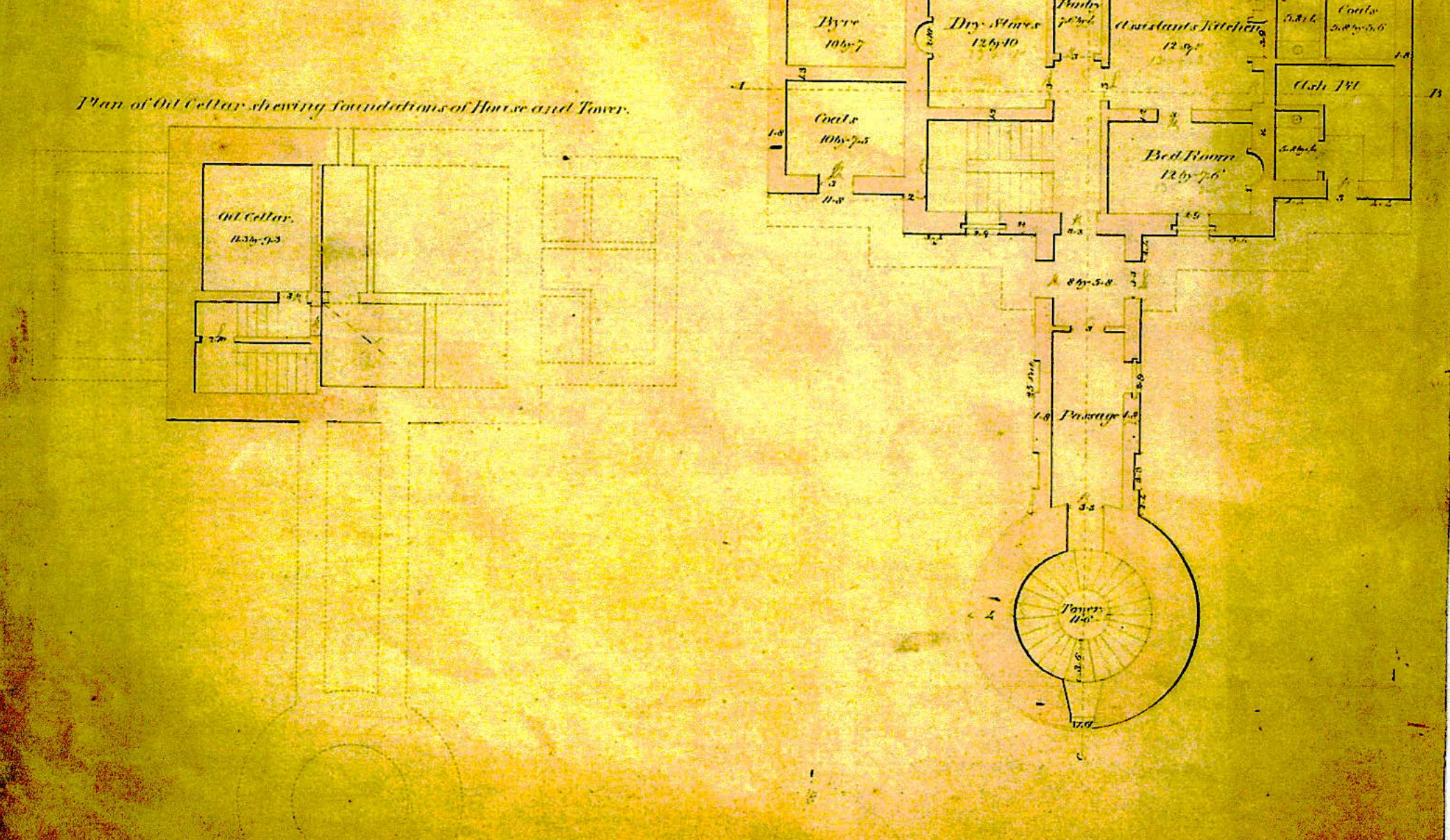 This image displays a historical architectural floor plan on aged paper, detailing rooms such as an oil cellar, byre, and a tower.