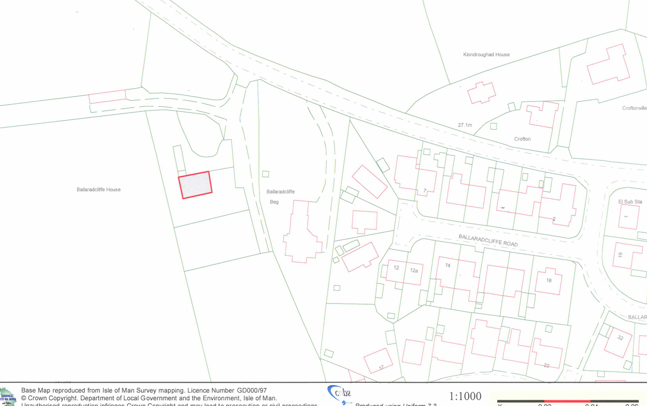 This image shows a 1:1000 scale site plan highlighting the location of Ballaradcliffe House in red, situated near Ballaradcliffe Road and neighboring properties.
