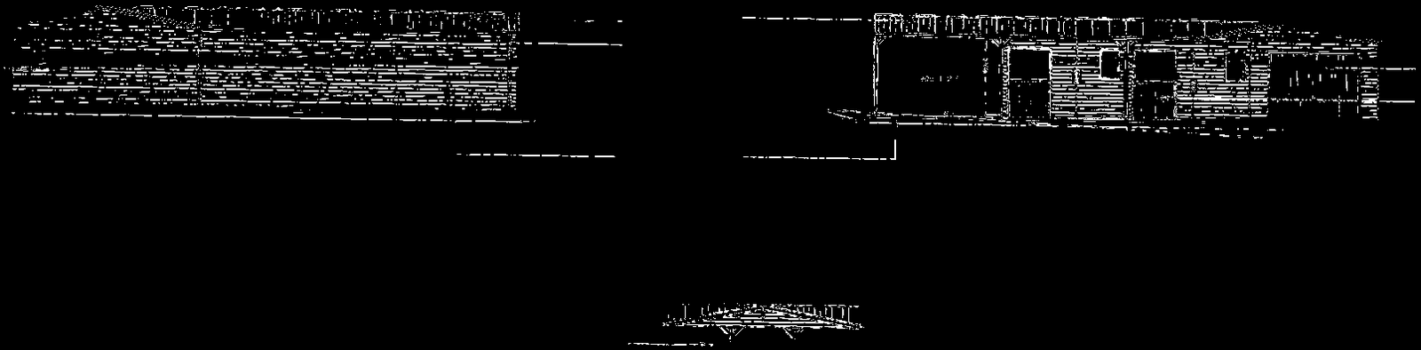 A heavily degraded, high-contrast binary image showing geometric lines that resemble an architectural elevation or floor plan alongside text blocks.