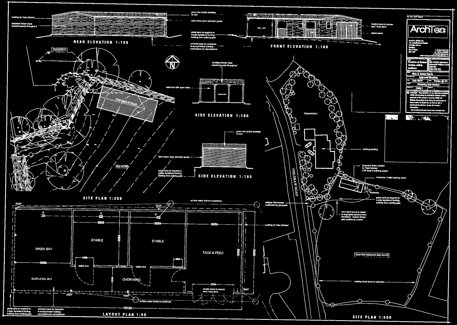 This image displays a set of architectural drawings for a stable block, including front, rear, and side elevations along with detailed site and layout plans.