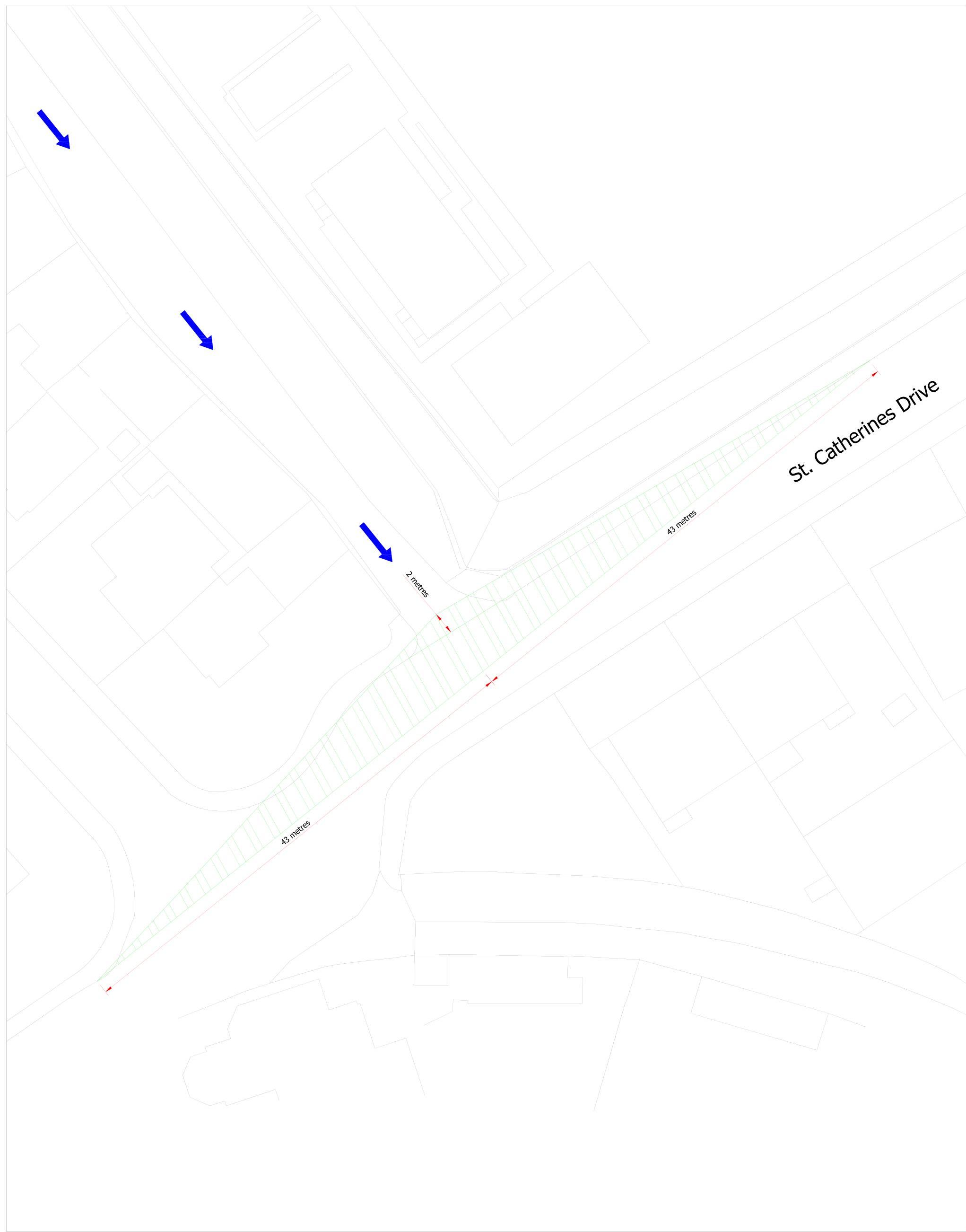 A technical site plan showing the road layout of St. Catherines Drive with blue arrows indicating traffic flow directions and measurements for road sections.