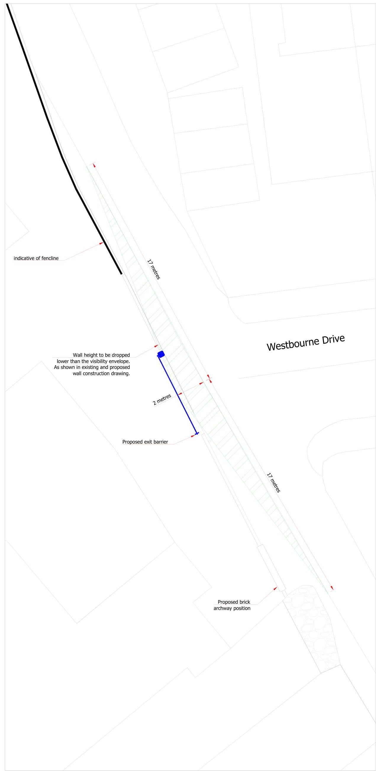 A detailed site plan showing the proposed layout for a vehicular access point on Westbourne Drive, including barrier placement, fenceline, and archway position.