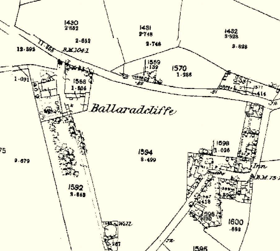 A black and white site plan or map showing the layout of the Ballaradcliffe estate, including property boundaries, building footprints, and elevation numbers.