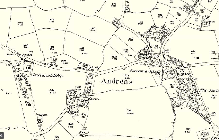 A historical map showing the location of Ballaradcliffe within the parish of Andreas, displaying field boundaries and plot numbers.