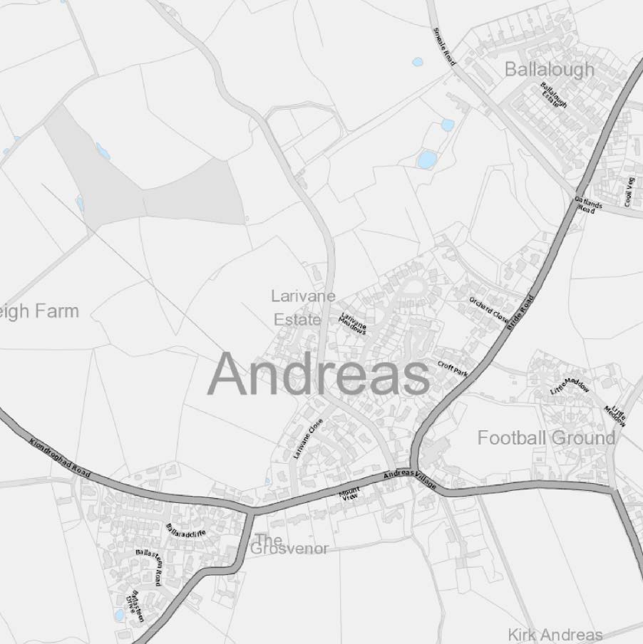 A location map displaying the village of Andreas, surrounding roads like Kionagad Road, and nearby properties.