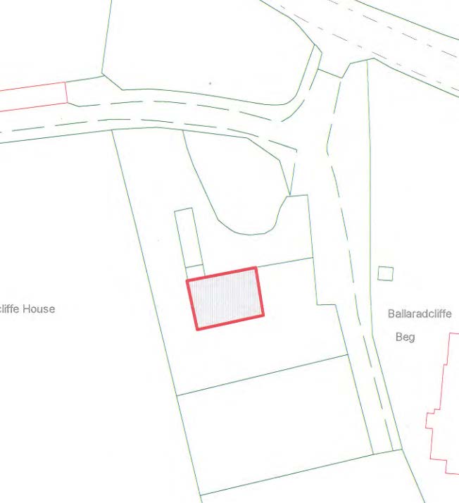 A site plan showing the footprint of Ballaradcliffe House highlighted in red, surrounded by property boundaries and a road.