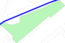 A schematic site plan showing a large green highlighted area with a thick blue line running across the top, likely indicating a road or boundary.