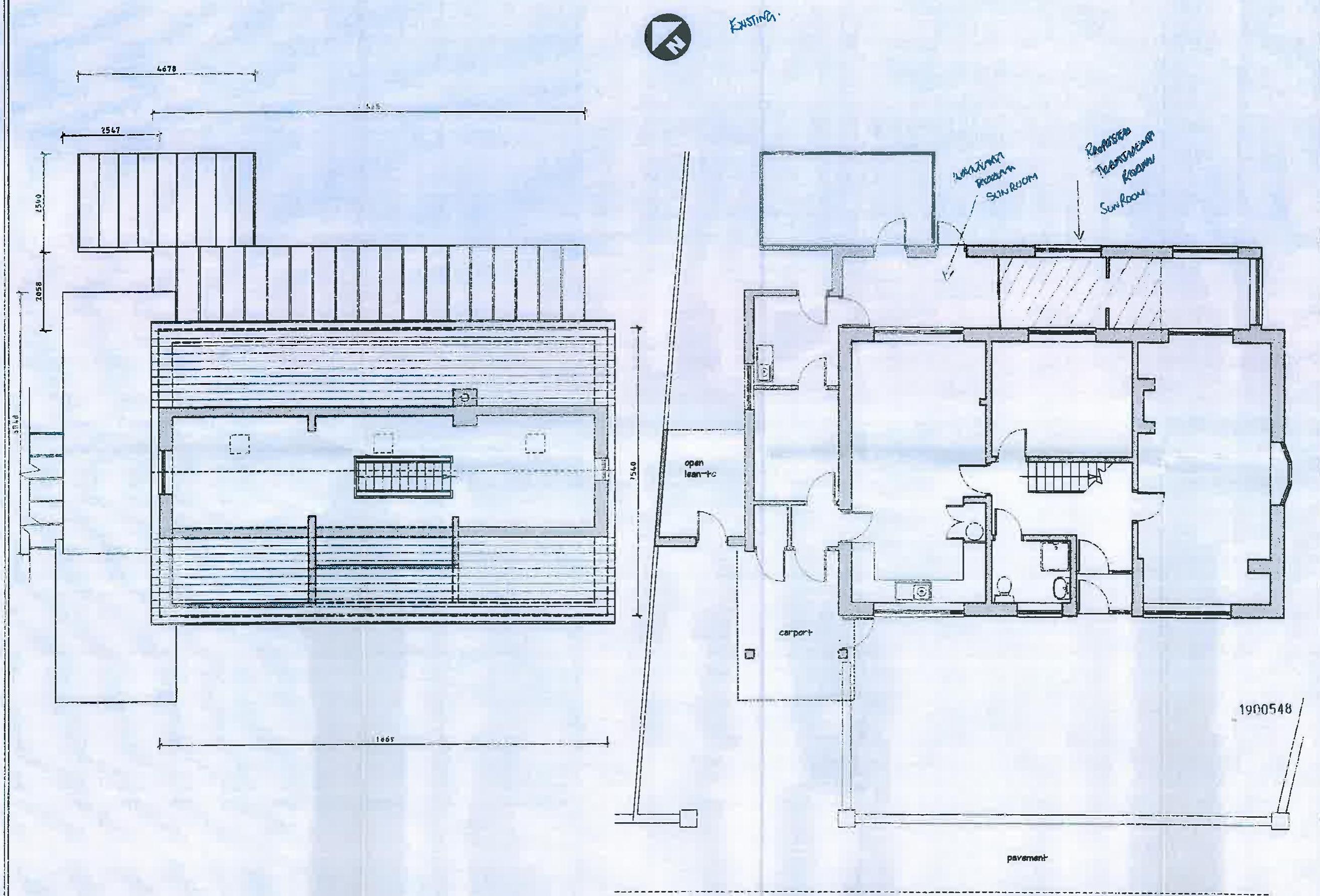 Architectural floor plan showing the existing layout of a dwelling with room annotations and a large decked area or extension structure to the side.