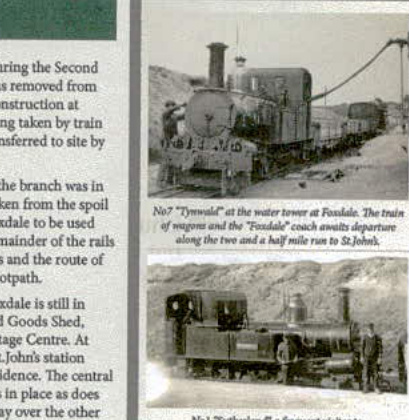 A scanned page from a report containing historical text about a railway branch and two black-and-white photographs of a steam train.