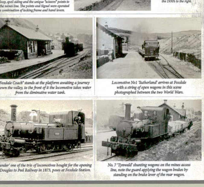 A scanned page displaying a collage of four historical black and white photographs of steam locomotives and a railway station platform with accompanying captions.