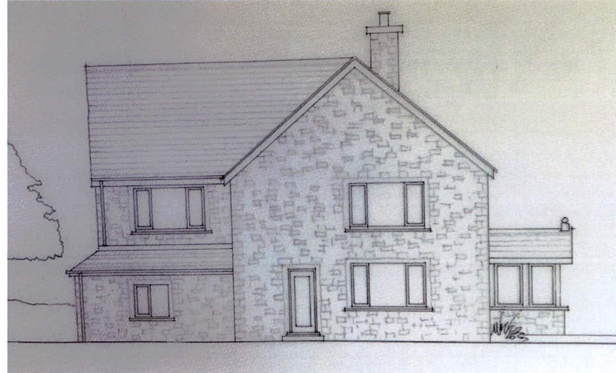 Architectural elevation drawing of a two-story stone house featuring a chimney, multiple windows, and a single-story side extension.