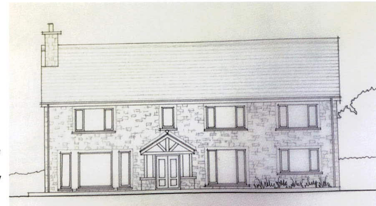 Architectural elevation drawing of a two-story stone dwelling featuring a central entrance porch and multiple windows.