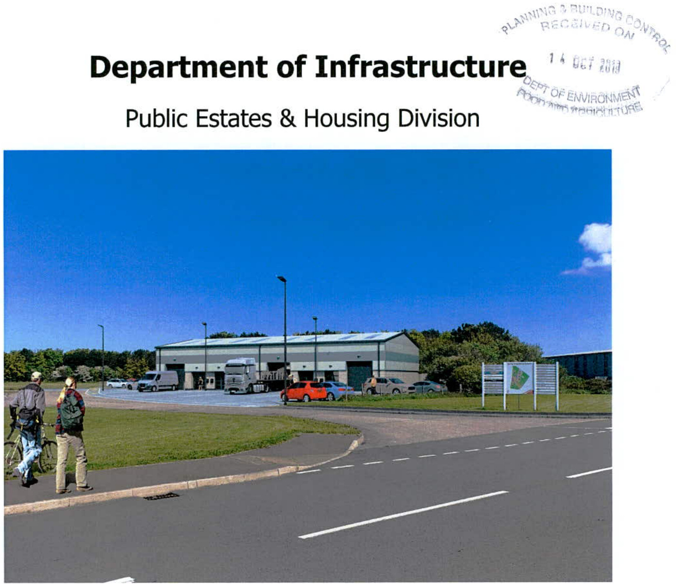 A photograph showing a large industrial building with loading bays and a parking area, viewed from a roadside with pedestrians in the foreground.