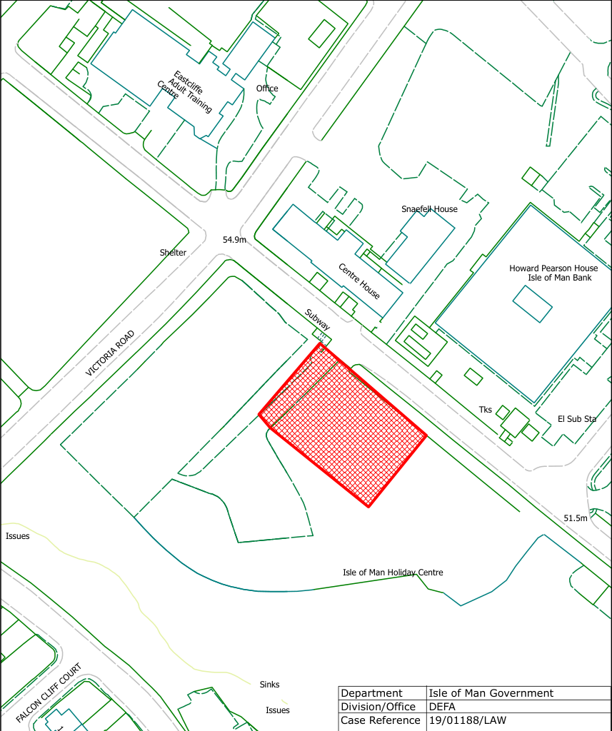A site plan showing a red-hatched rectangular area designated as a car park, situated near Victoria Road and the Eastcliffe Adult Training Centre.