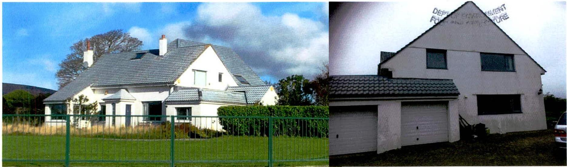A composite image showing a white detached house with a grey roof and a white garage structure with two doors.