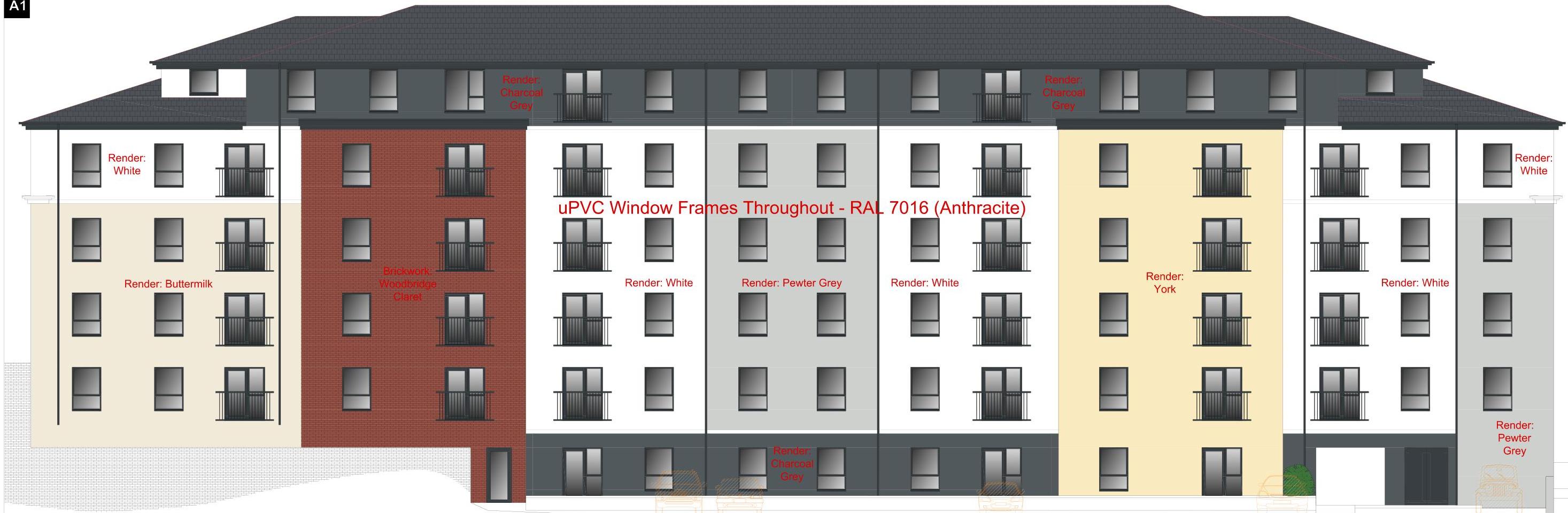 Architectural elevation drawing of a multi-story apartment block showing facade materials and window details.