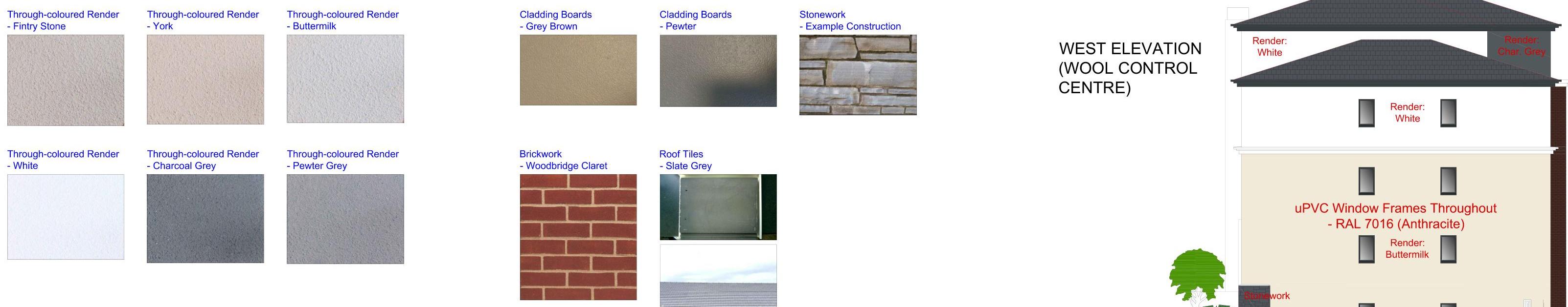 Architectural drawing displaying a material samples board with swatches for render, cladding, brickwork, and roof tiles. It features a partial west elevation of a building with material annotations.