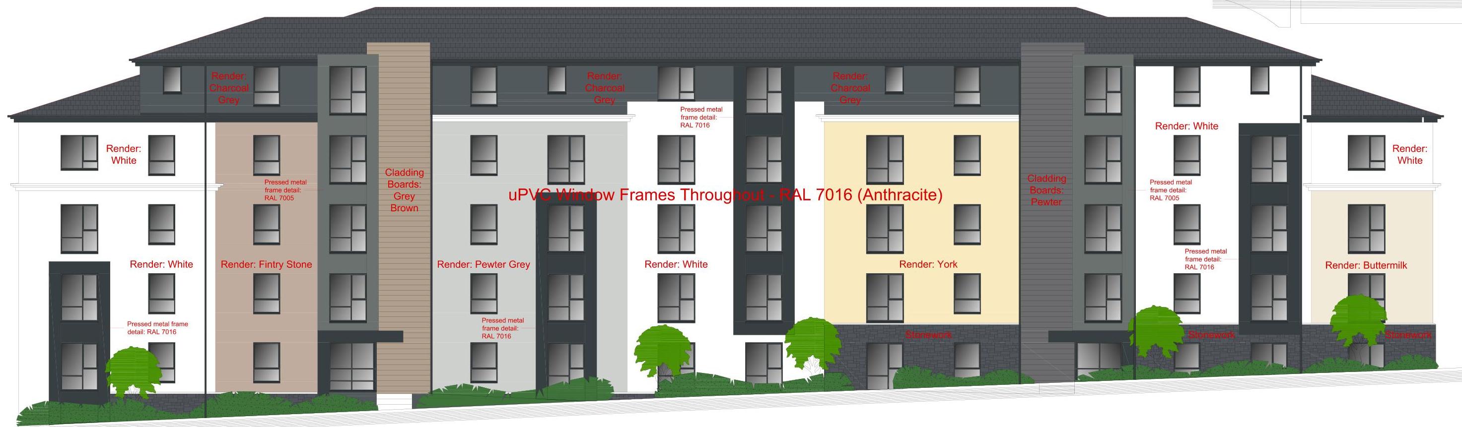 Architectural elevation drawing of a multi-story apartment block with red text annotations detailing material finishes like render and cladding.