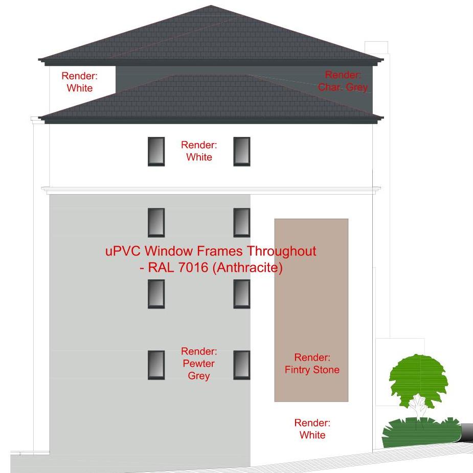 This image displays an architectural elevation drawing for a residential development, detailing facade materials and window specifications.