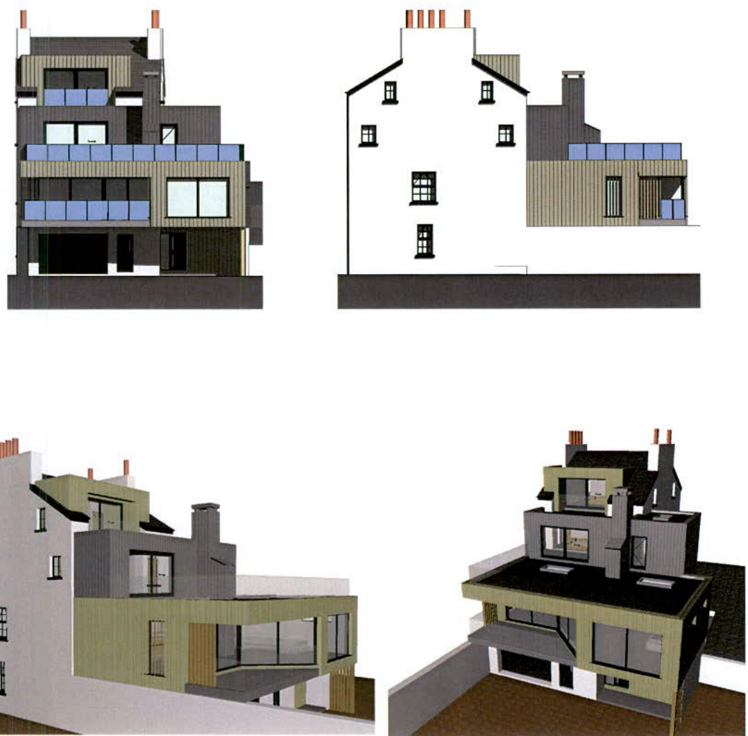 Architectural elevations and 3D perspective views showing a modern extension attached to an existing white building.