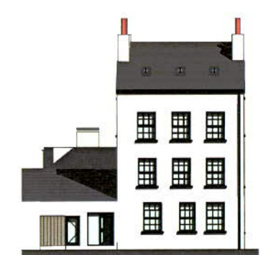 Architectural elevation drawing of a white building with a dark roof and a lower attached extension.