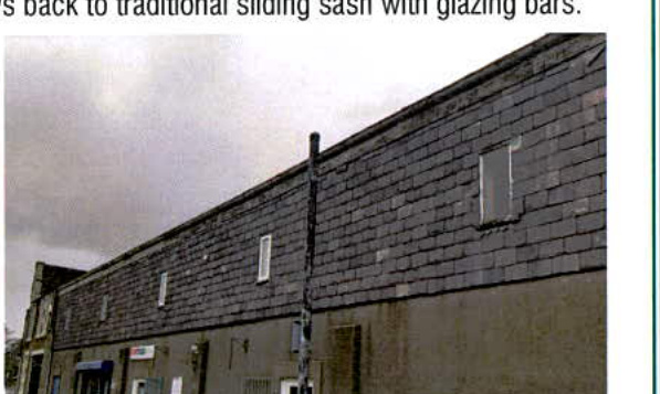 An exterior photograph showing the upper elevation of a long building with a slate roof and several small white windows, accompanied by text describing traditional sliding sash windows.