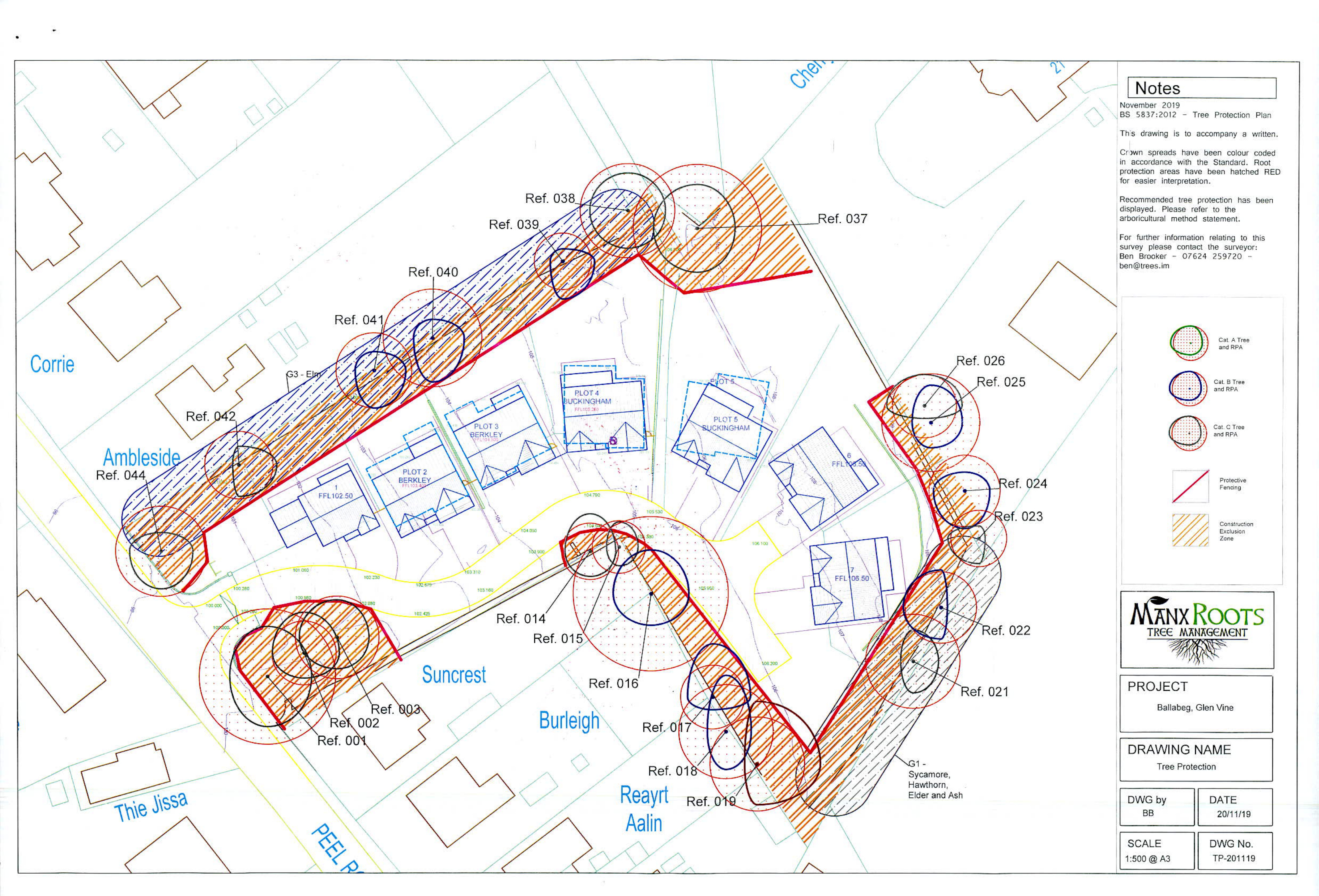 A technical site plan illustrating proposed new dwelling plots alongside existing trees and construction protection zones.
