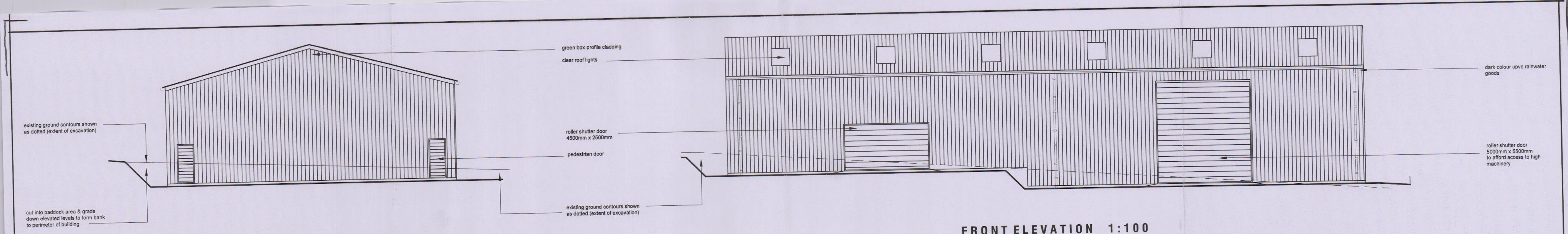 The image displays a technical architectural drawing labeled 'FRONT ELEVATION 1:100' depicting a proposed agricultural barn with detailed annotations.