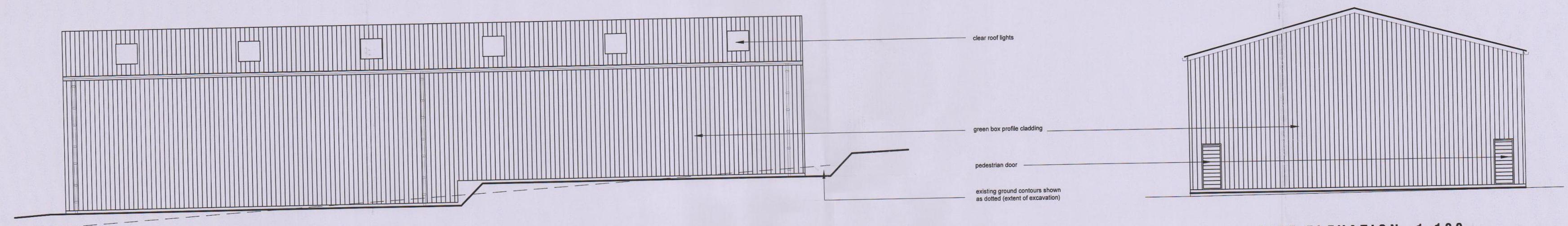 Architectural elevations showing the side and front views of a proposed agricultural barn with material annotations.