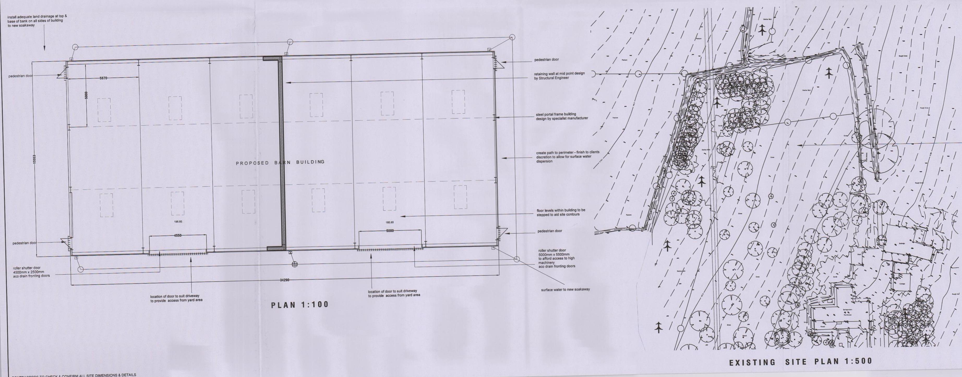 The image displays an architectural drawing sheet featuring a floor plan of a proposed barn building alongside an existing site plan showing the layout and surrounding vegetation.