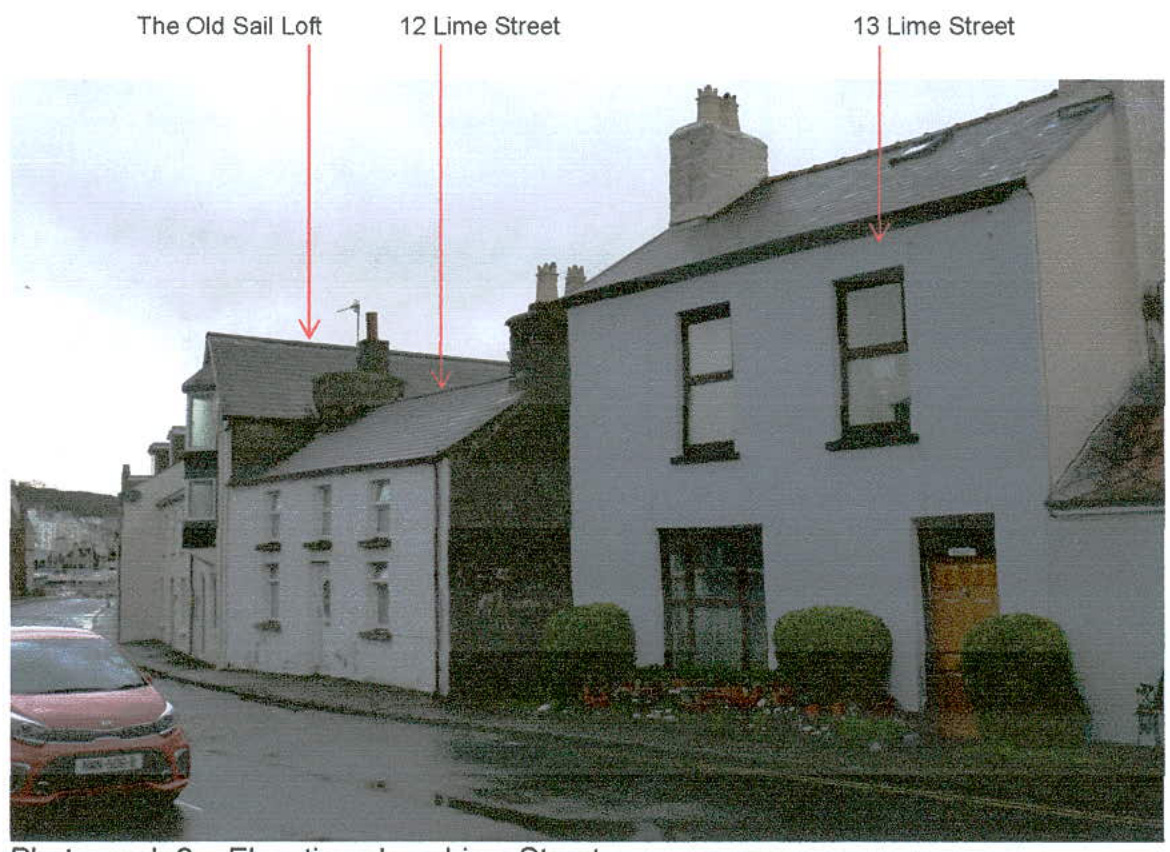 This is a street-level photograph showing a row of buildings on Lime Street, with red arrows identifying 'The Old Sail Loft', '12 Lime Street', and '13 Lime Street'.